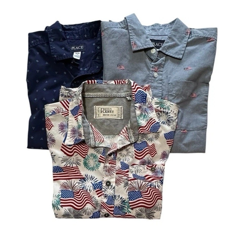 Lot of 3 Boys Shirts Button Up  Preppy Sz M 10-12 Flags Patriotic USA Summer - Picture 12 of 13